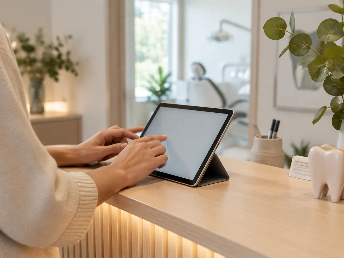 Händer som skriver in ett telefonnummer på en surfplatta i receptionen